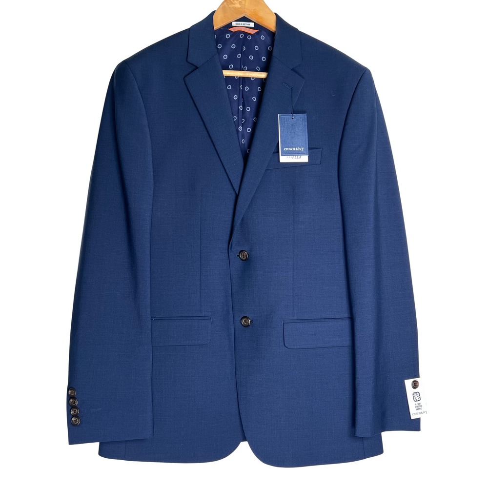 NWT Crown & Ivy Mens Blue 4-Way Flex Stretch Two Button Suit Jacket Blazer 40R